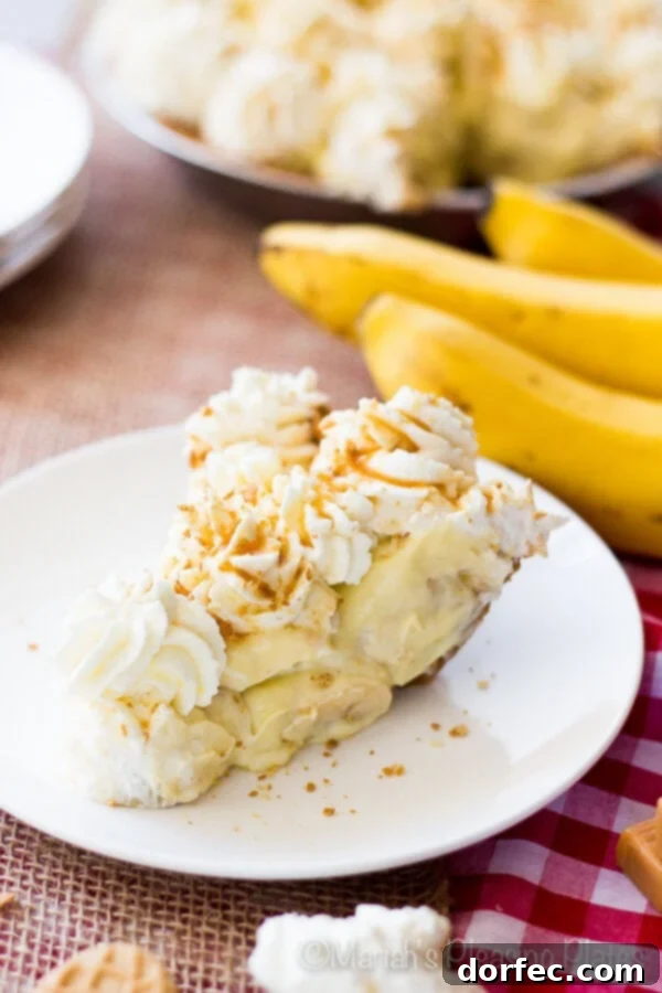 Top-down view of a whole Salted Caramel Banana Pie, garnished with whipped cream and caramel drizzle.