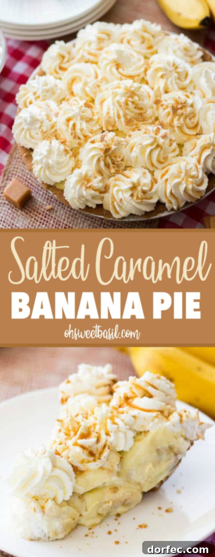 A beautifully presented Salted Caramel Banana Pie with a crisp crust and a generous swirl of whipped cream on top, drizzled with sweet caramel. Perfect for Thanksgiving or any special occasion.