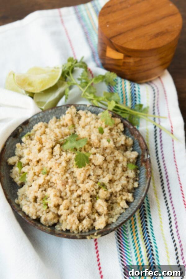 Flavorful and Healthy Cilantro Lime Quinoa Close-up of fluffy Cilantro Lime Quinoa, showcasing the vibrant green cilantro and light, airy texture. ohsweetbasil.com