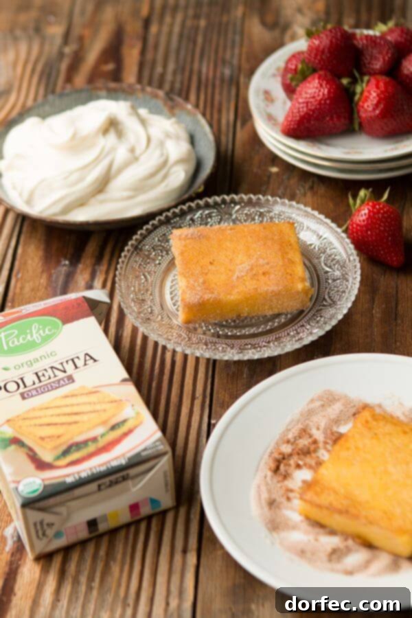 Pan-fried polenta squares coated in cinnamon sugar for shortcake