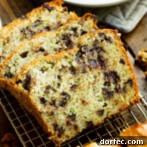Close-up of a square slice of chocolate chip zucchini banana bread