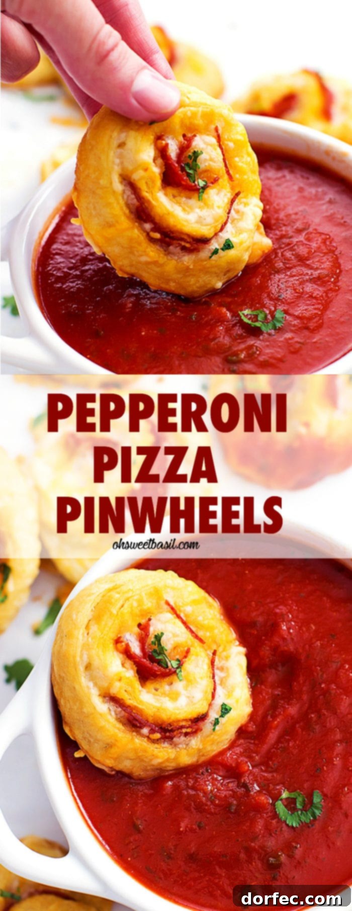 A pepperoni pizza pinwheel being dipped into marinara sauce