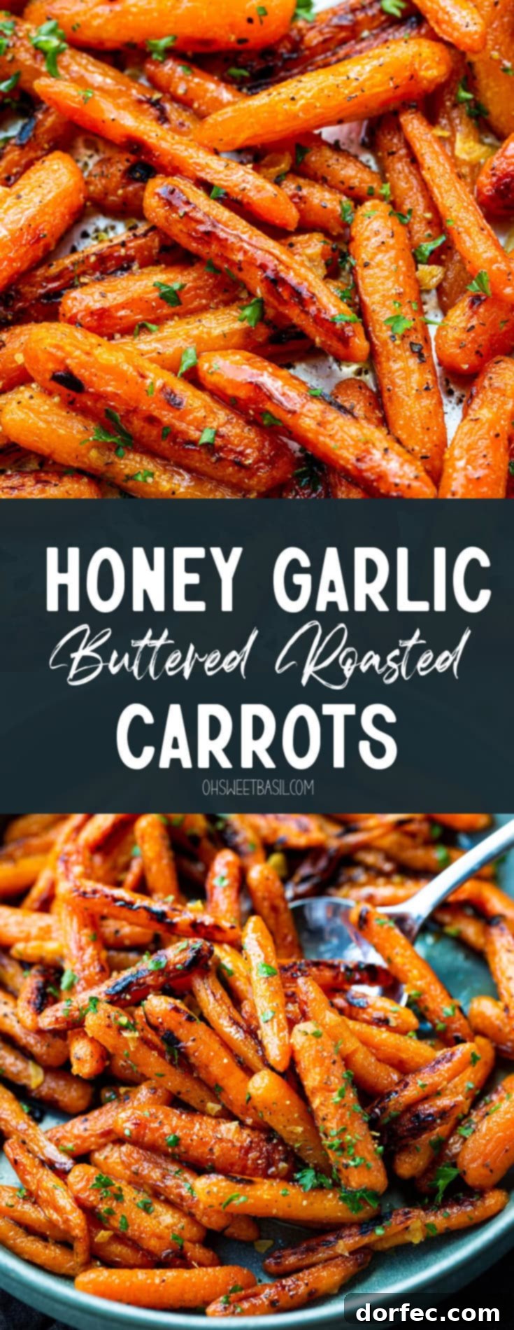 A large serving of golden roasted honey glazed baby carrots, perfectly cooked and garnished with fresh herbs, ready to be enjoyed.