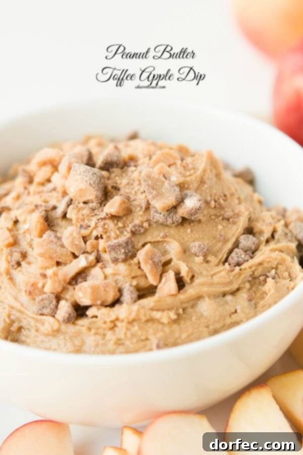 Close-up of creamy Peanut Butter Toffee Apple Dip, perfect for dipping fresh apple slices