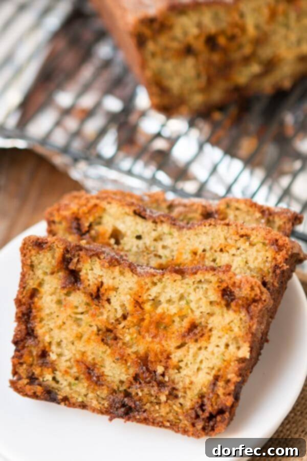 Close-up of Snickerdoodle Zucchini Bread, showing cinnamon chips and moist texture