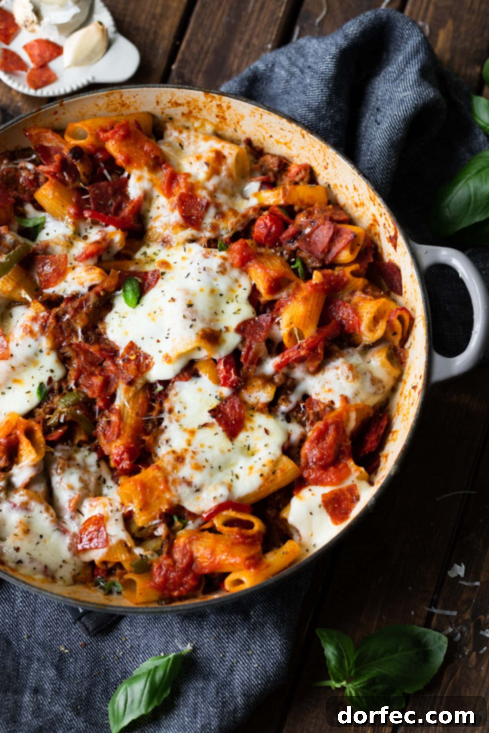 A photo of a cast iron Dutch oven full of cooked rigatoni pasta mixed with peppers and onions, sun-dried tomatoes, and melted mozzarella cheese on top. This ultimate Italian sausage and peppers rigatoni features caramelized onions and peppers, crispy pepperoni and juicy grape tomatoes, promising a delightful meal.