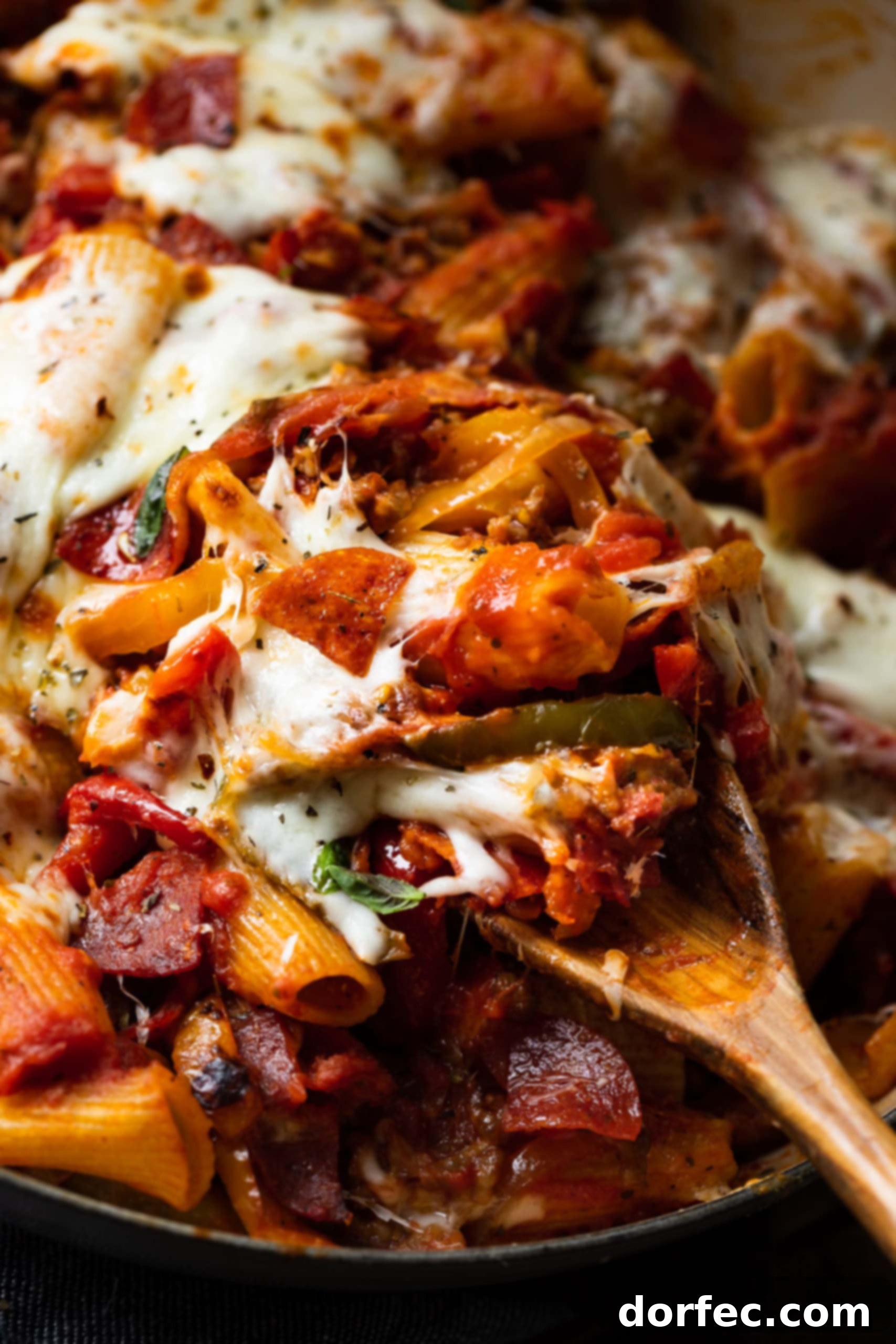 A photo of a wooden spoon removing a scoop of sausage and peppers pasta from a big pot of the pasta. Topped with melted gooey cheese, this sausage and peppers rigatoni is flavor-packed and a family favorite, perfect for any weeknight dinner.