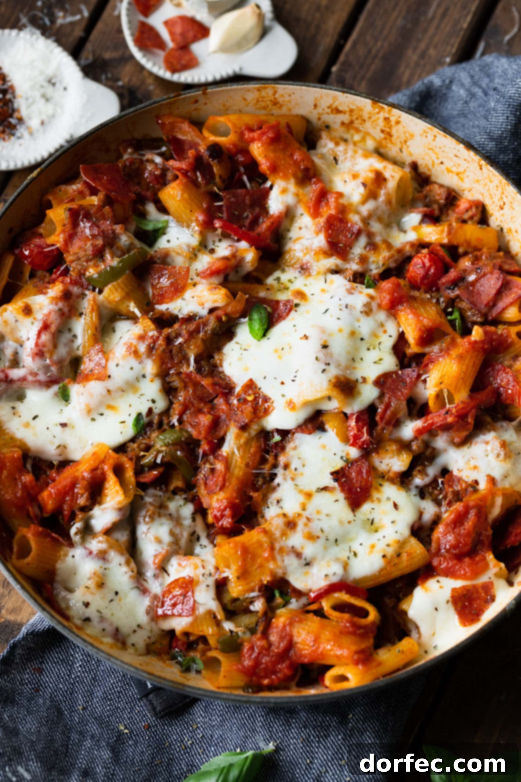 A photo of a Dutch oven full of Italian sausage and peppers rigatoni topped with melted mozzarella and chopped fresh basil. This family-friendly pasta recipe is sure to become a regular on your dinner rotation, offering comfort and incredible flavor.