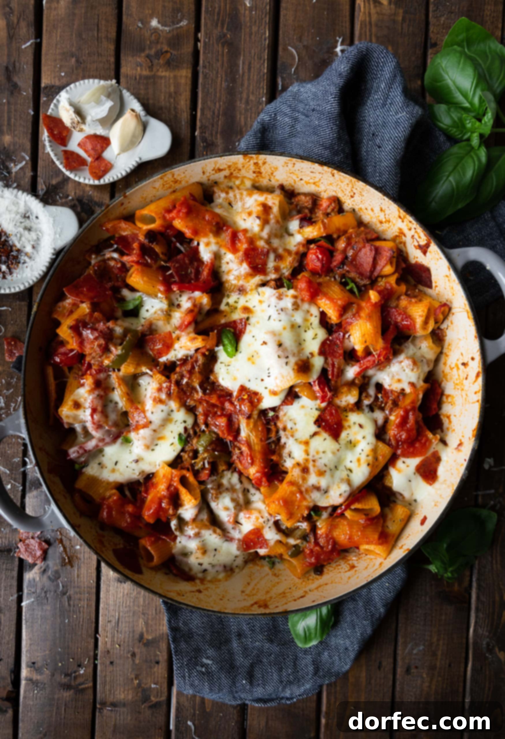 A photo of a large Dutch oven full of Italian sausage and peppers and rigatoni pasta topped with melted mozzarella cheese and chopped fresh basil. This Italian sausage and peppers rigatoni pasta dish is going to become a new family favorite because of its robust flavor and ease of preparation.