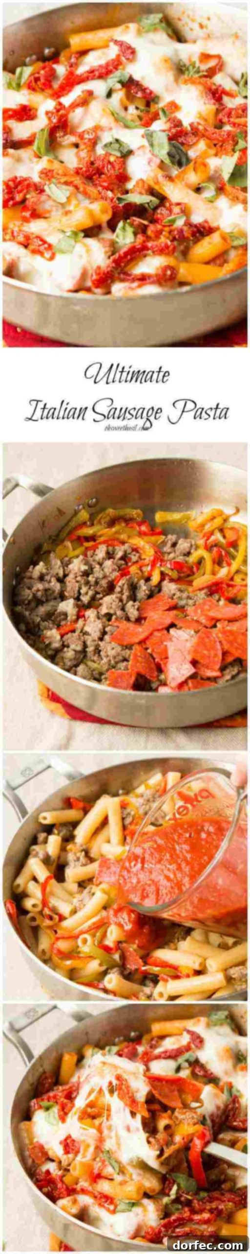 The ULTIMATE pasta recipe: Italian sausage, caramelized onions, sweet peppers, crispy pepperoni, juicy grape tomatoes, and gooey melted cheese come together in this delicious rigatoni dish.
