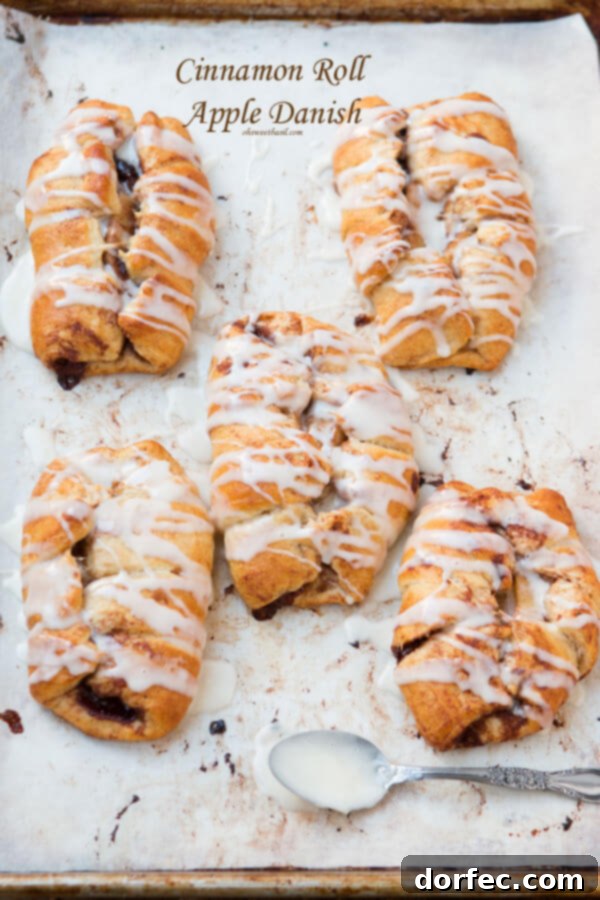 Maple Glazed Apple Pie Pull-Apart Bread 6 Quick and easy Cinnamon Roll Apple Danishes, ready in just 15 minutes, featuring sweet apples and cinnamon rolls.