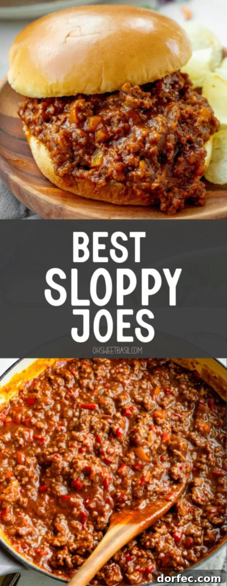 A large Dutch oven brimming with the rich, saucy sloppy joe mixture, with a wooden spoon resting in the pot, ready to serve.