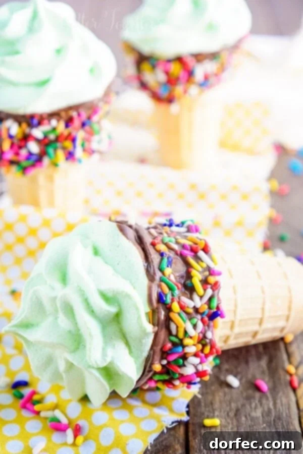 Close-up of a Meringue Ice Cream Cone, showcasing its vibrant color and playful sprinkles.