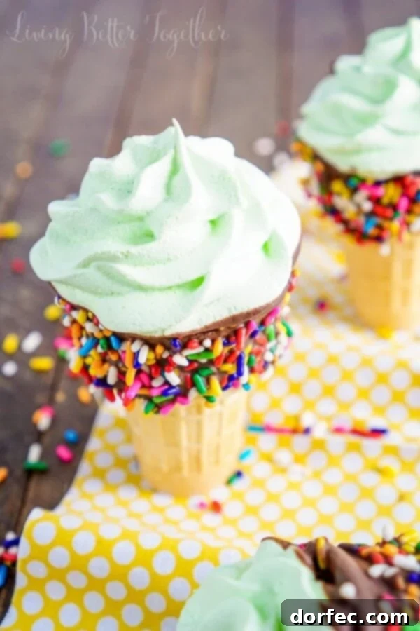 A trio of colorful Meringue Ice Cream Cones ready for a party.