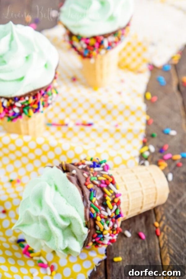 Meringue Ice Cream Cone with a rich chocolate coating and colorful sprinkles.