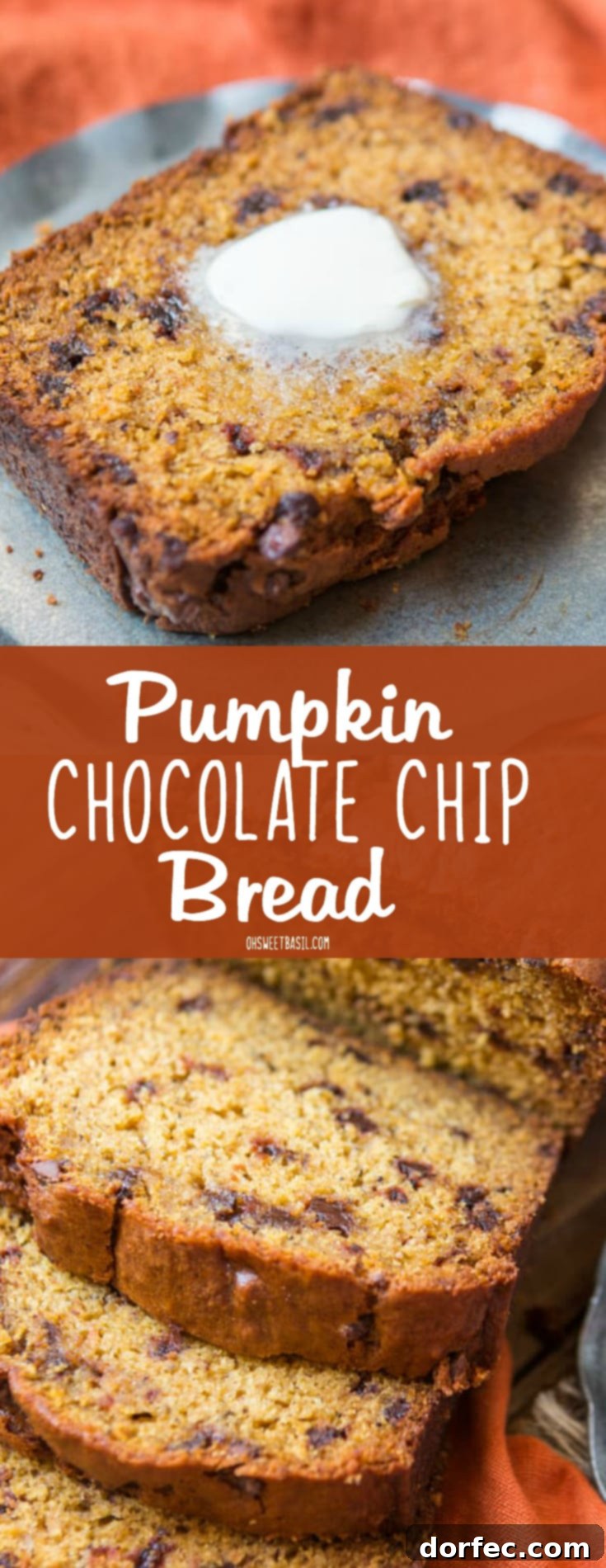 A sumptuous slice of the most perfect chocolate chip pumpkin bread, glistening with melted butter on top, beckoning for a bite.