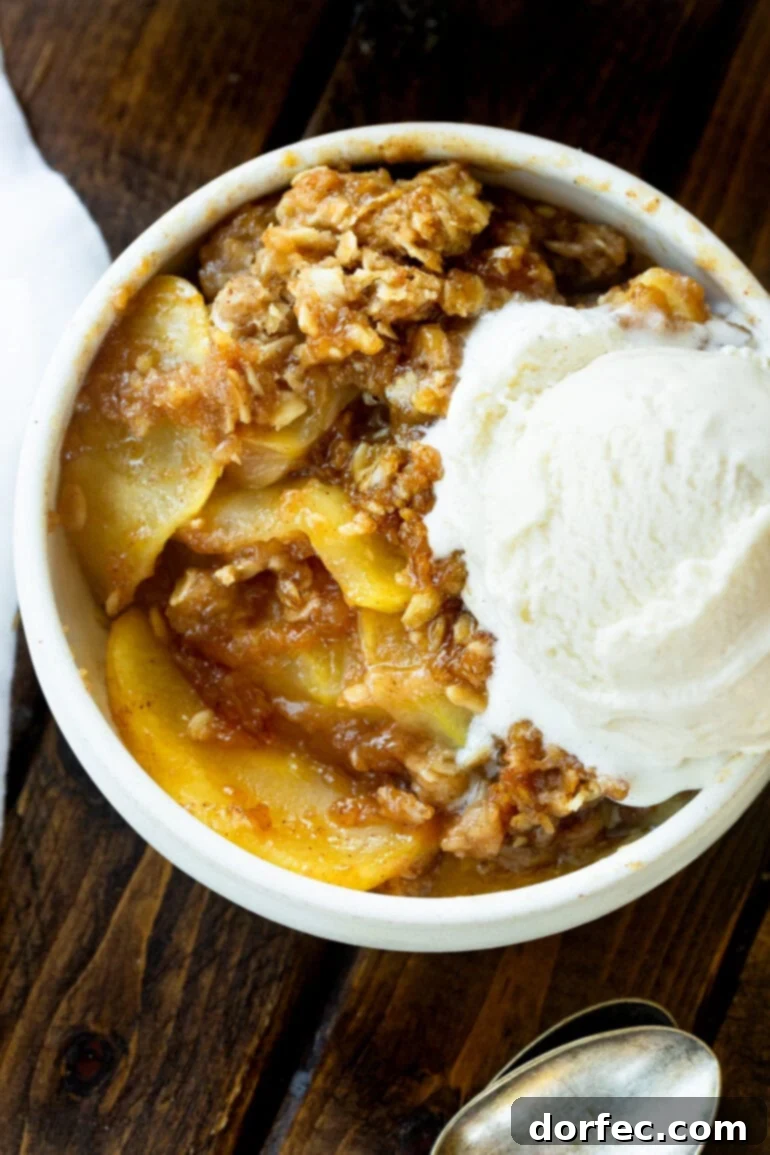 A photo taken over the top of a bowl filled with a serving of apple crisp topped with a melting scoop of vanilla ice cream, symbolizing ultimate comfort and indulgence.