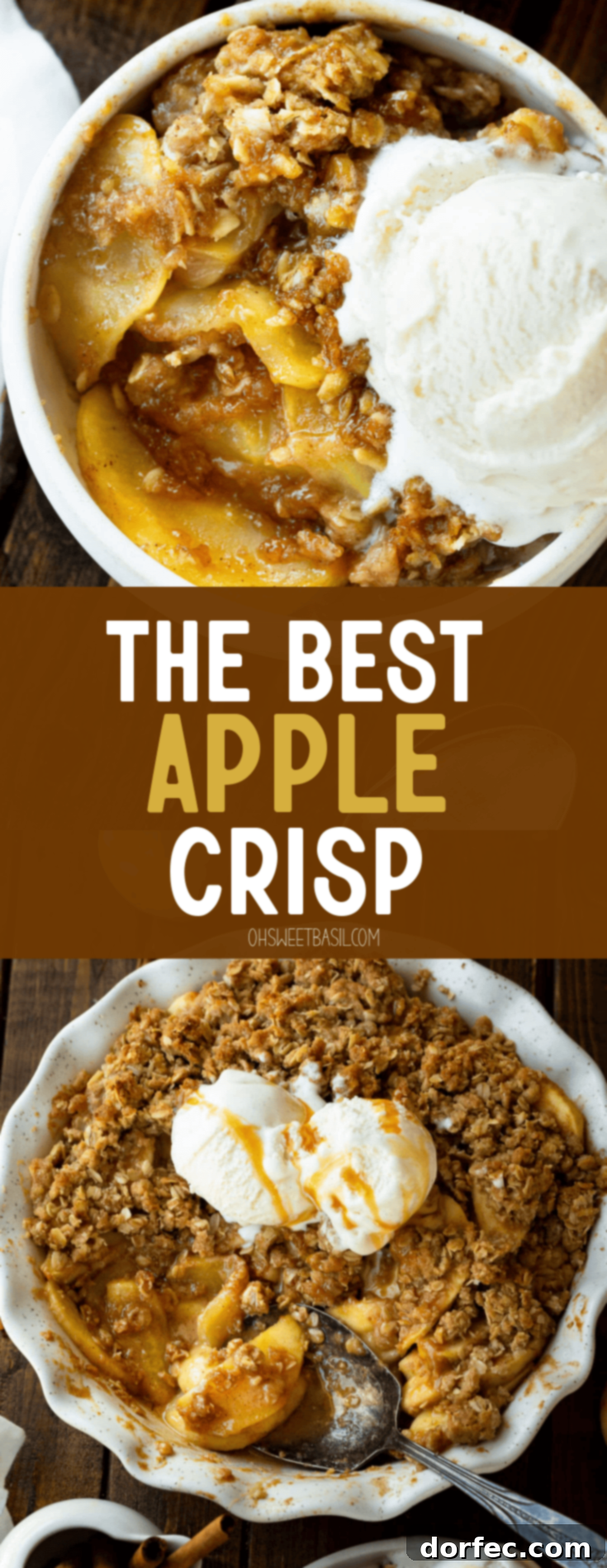 A photo of a large serving spoon scooping out a serving of warm apple crisp topped with scoops of vanilla ice cream, emphasizing its deliciousness.