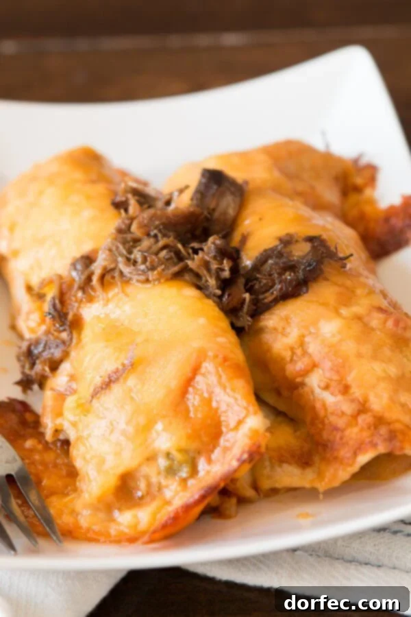 Close-up of Shredded Beef Enchiladas simmering in a baking dish with bubbly salsa con queso