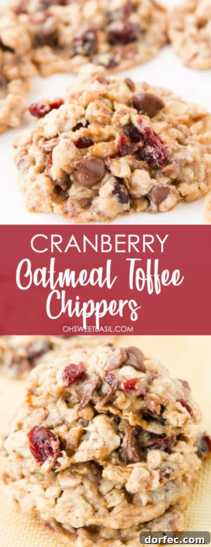 A tall stack of Cranberry Toffee Oatmeal Chippers on a cooling rack, glistening with melted chocolate and toffee.