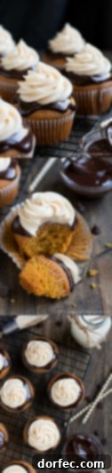 A festive spread of Chocolate Covered Pumpkin Cupcakes with autumn decorations
