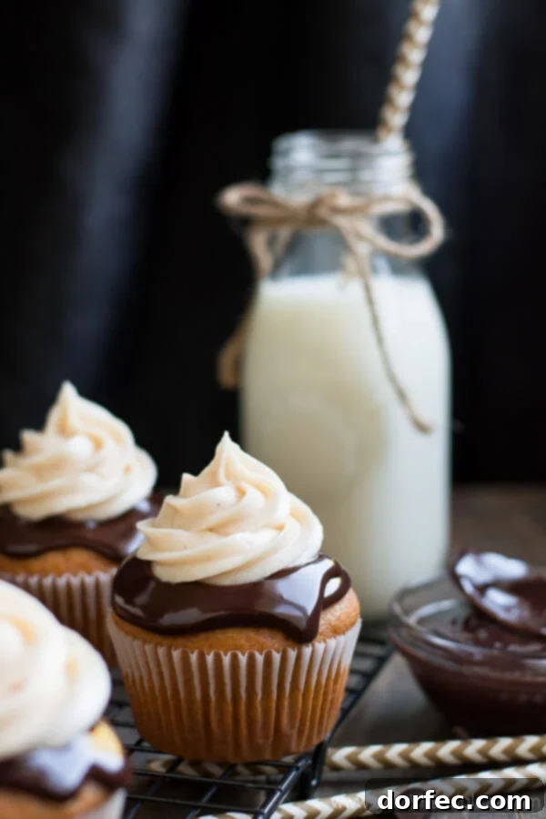 A delicious Chocolate Covered Pumpkin Cupcake cut in half, revealing the fluffy pumpkin cake texture