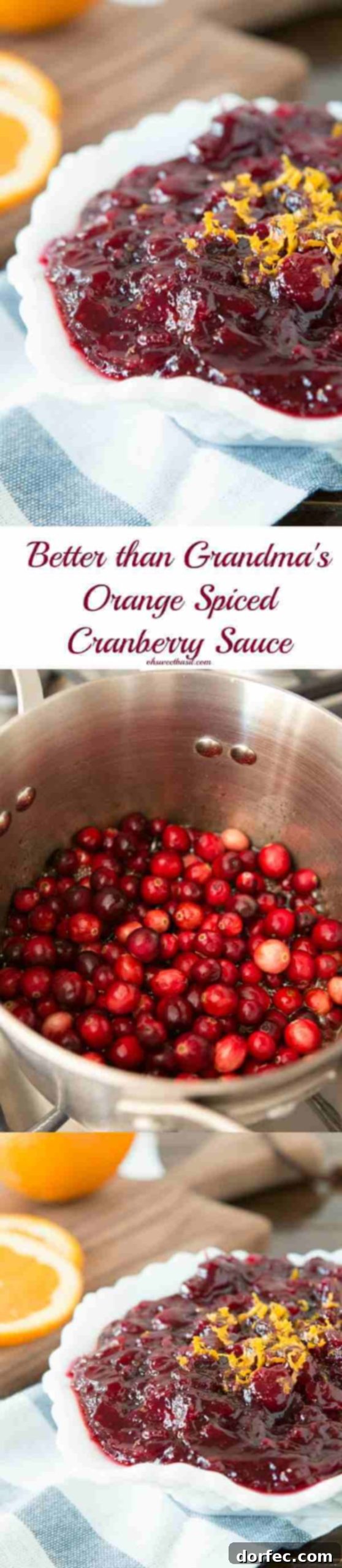 Our favorite cranberry sauce with a hint of orange and a secret ingredient that you will love! ohsweetbasil.com Better than Grandma's Spiced Orange Blackberry Cranberry Sauce