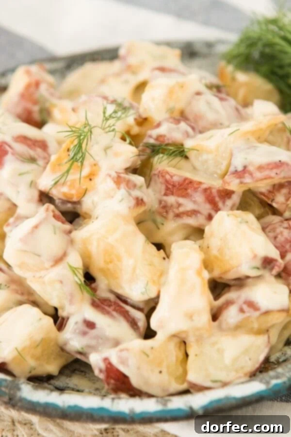 Savory Warm Roasted Potato Salad with a creamy, rich dressing. ohsweetbasil.com