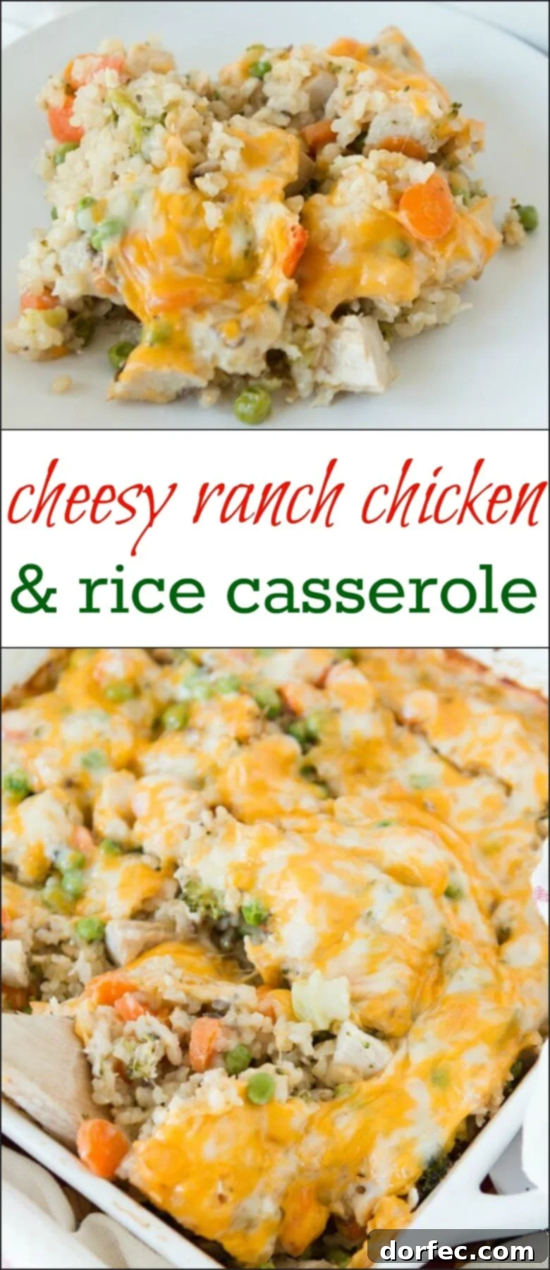 Full Cheesy Ranch Chicken and Rice Casserole baked in a dish