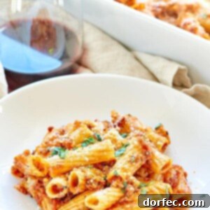 This Spicy Sausage Rigatoni is a simple, hearty, cozy fall dinner! It’s made with rigatoni, a homemade spicy sausage marinara, and smothered in mozzarella! ohsweetbasil.com #pasta #sausage