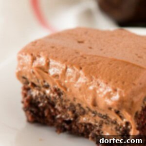 A slice of moist wacky chocolate cake with chocolate frosting.
