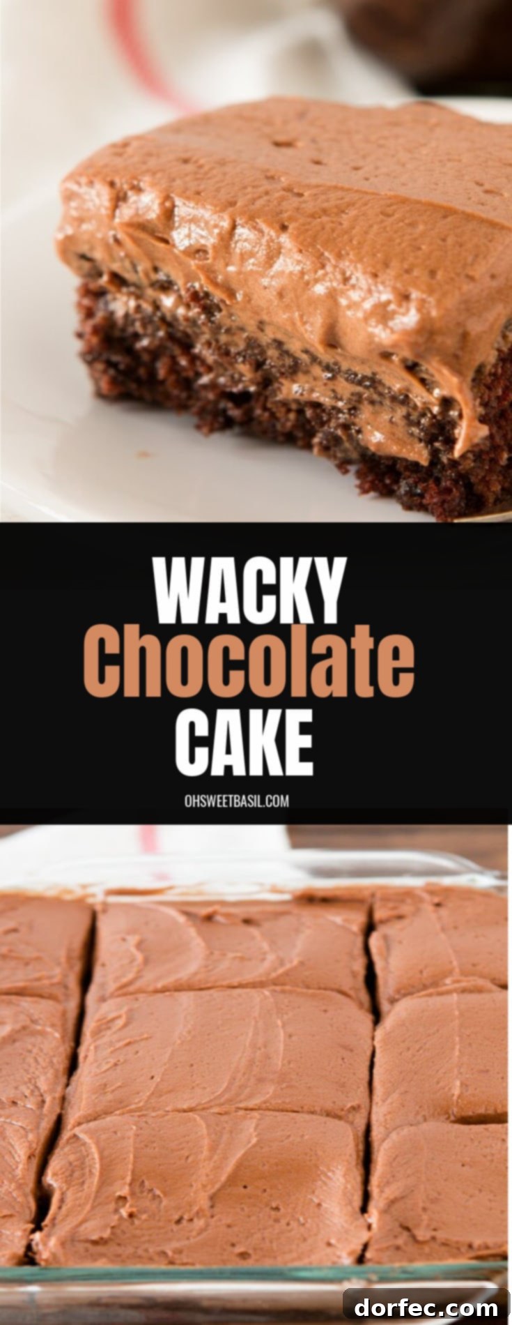 A generous slice of Wacky Chocolate Cake topped with a rich, creamy chocolate frosting, highlighting its moist and decadent texture.