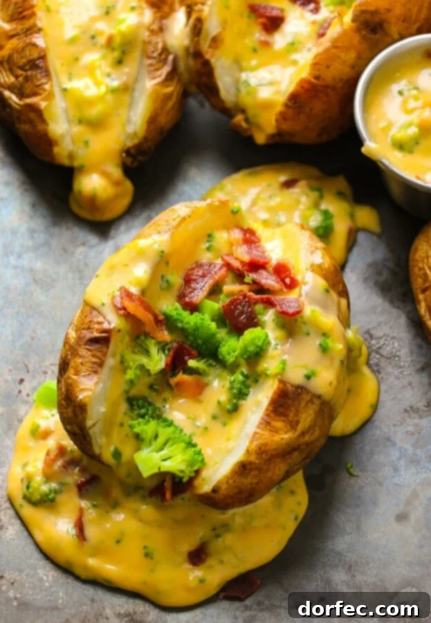 A top-down view of a loaded baked potato, sliced in half, generously topped with steamed broccoli, crumbled bacon, and homemade cheese sauce, highlighting its appetizing appeal.