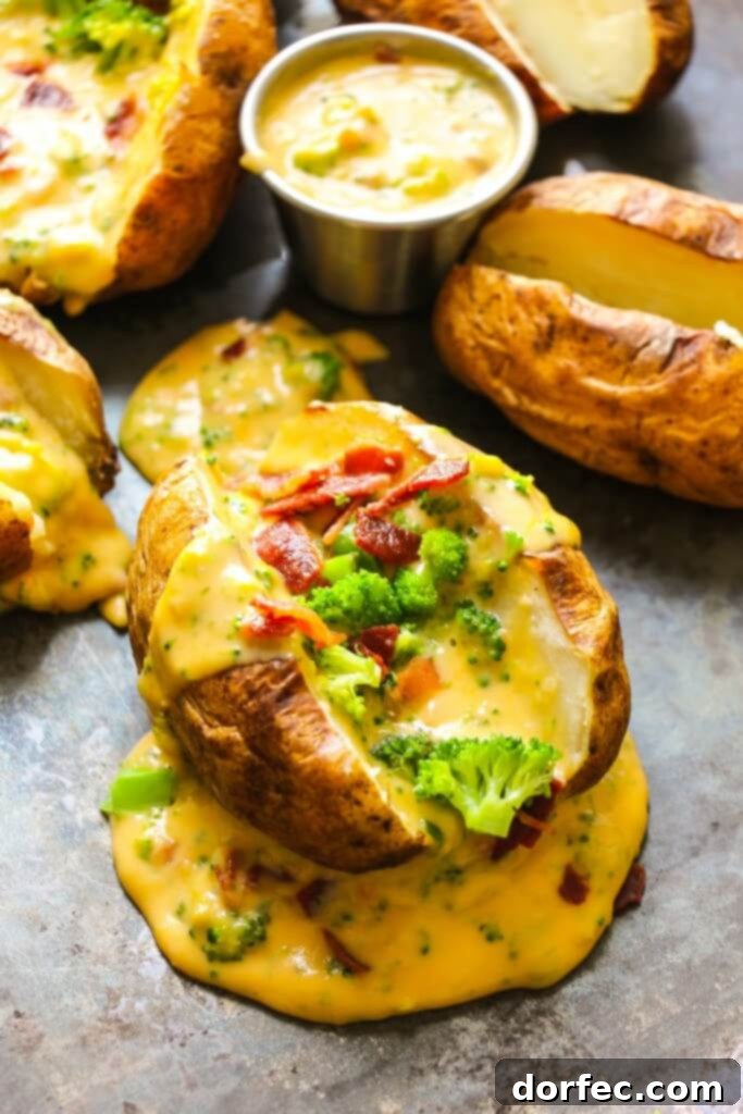 A baked potato sliced open and lavishly topped with creamy cheese sauce, vibrant broccoli florets, and crispy bacon crumbles, showcasing its rich texture and appealing presentation.