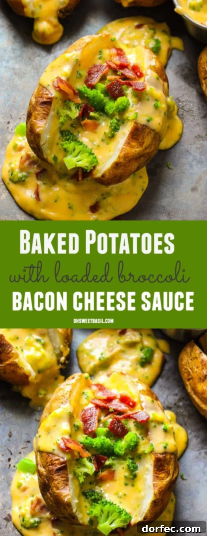 A perfectly loaded baked potato with bacon, broccoli, and a creamy cheddar cheese sauce, ready to be enjoyed.