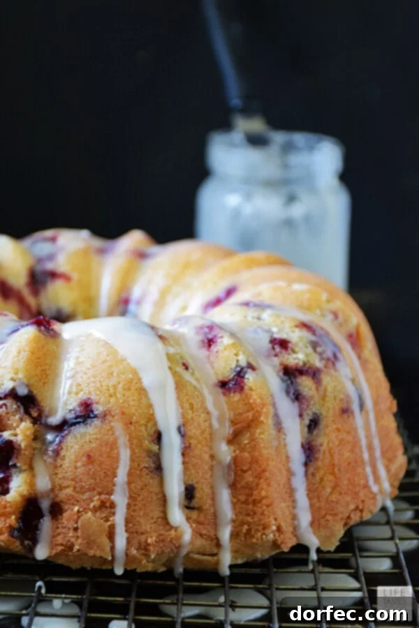 Cranberry Bundt Cake elegantly drizzled with sweet orange glaze, creating a beautiful finish.
