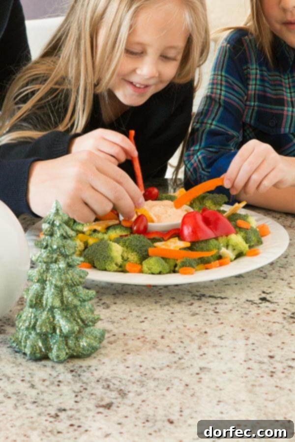 Close-up of a hand dipping a piece of broccoli into a bowl of Marzetti Ranch Dip, surrounded by a vegetable wreath.