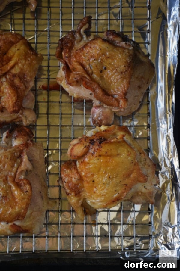 The crispy, golden-brown skin of pan-roasted chicken thighs, resting skin-side up on an oven-safe wire rack set on a foil-lined baking sheet, ready for the final roasting phase in the oven. The chicken looks perfectly seared and cooked.