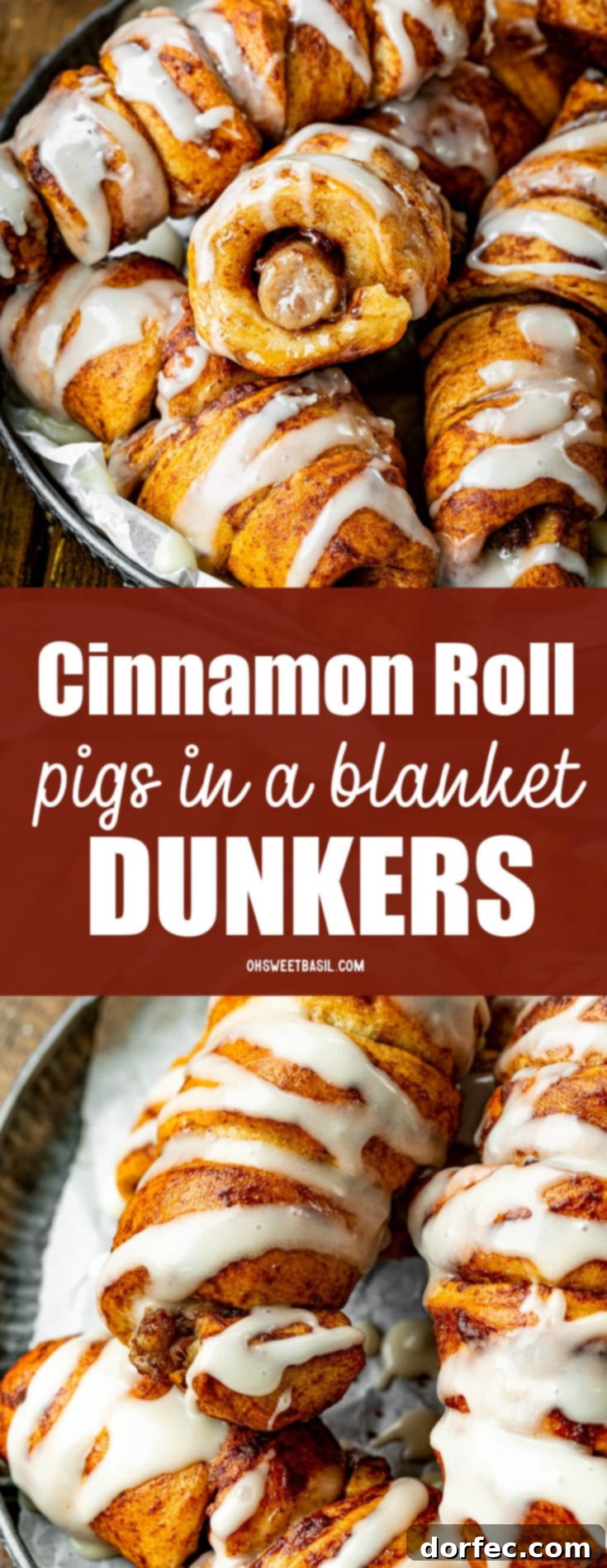 Cinnamon Roll Sausage Poppers 12 A final beautiful image of several freshly baked cinnamon roll pigs in a blanket, generously glazed and ready to be enjoyed as the perfect sweet and savory breakfast.