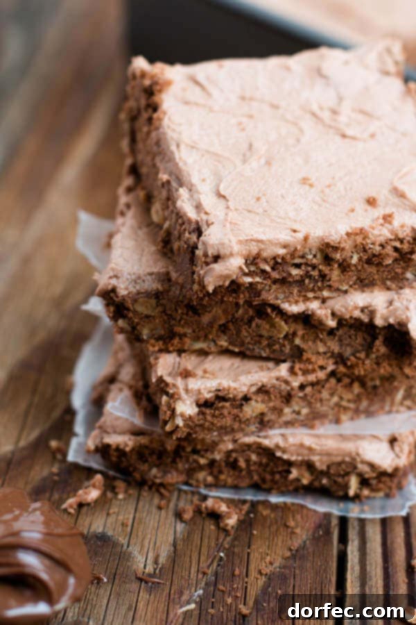 Close-up of rich Nutella bars with a chocolate drizzle.