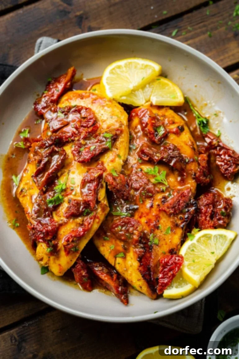 Two golden seared chicken breasts on a serving plate, adorned with sun-dried tomatoes and fresh lemon slices.