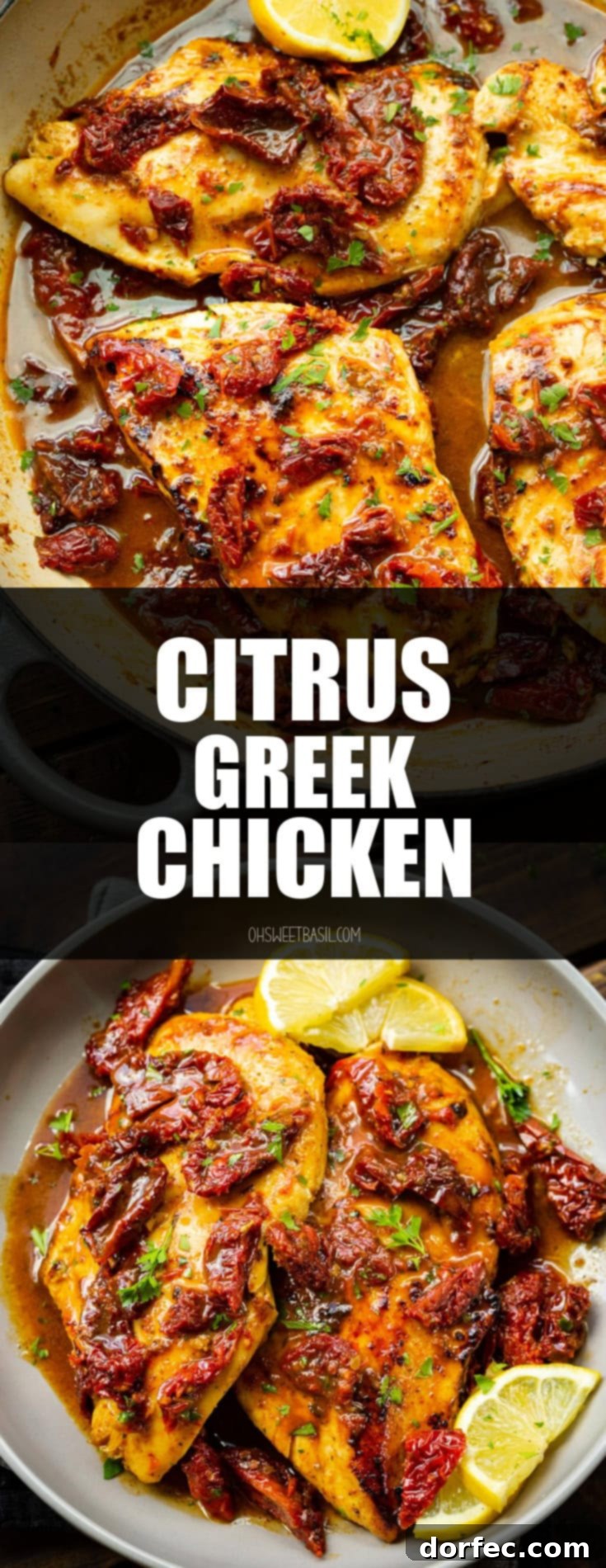 Marinated citrus Greek chicken cooked in a skillet, garnished with fresh lemon slices, ready to be served.