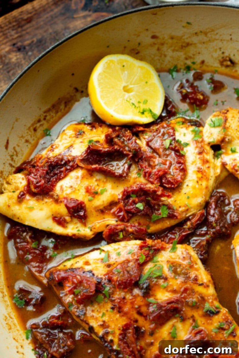 Golden seared chicken breasts in a shallow Dutch oven, topped with sun-dried tomatoes and resting in a savory orange juice broth, with half a lemon nearby.