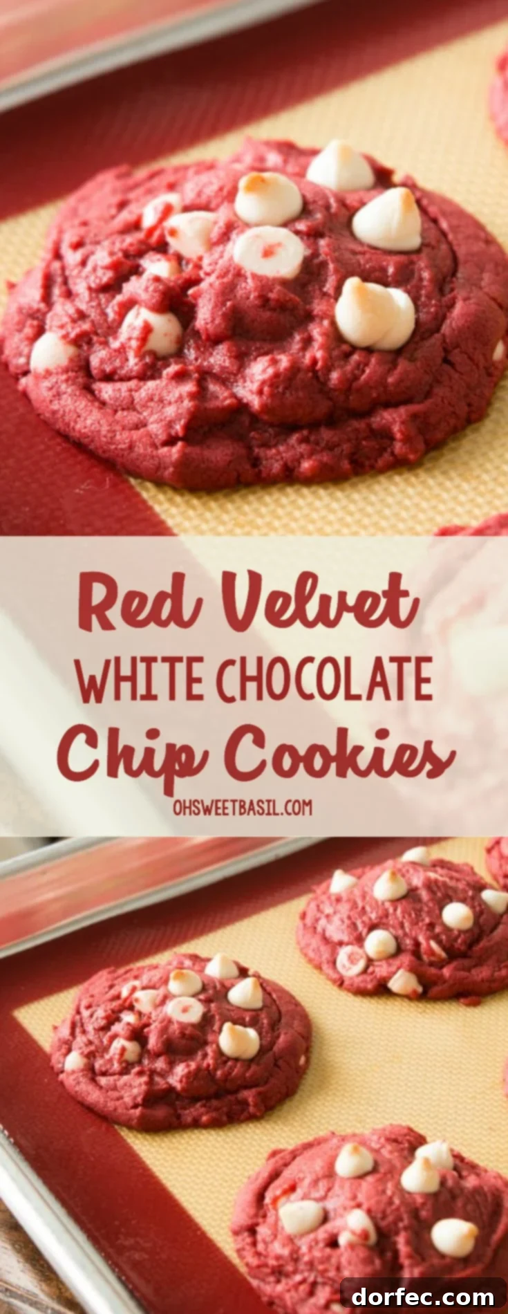 Decadent Red Velvet White Chocolate Wonders 3 Red Velvet White Chocolate Chip Cookies with white chocolate chips on top