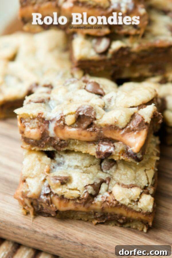 2015's Top Recipes 11 You HAVE to make these Rolo Blondies! Chewy blondies with melted Rolo candies for a caramel and chocolate delight from Oh Sweet Basil.