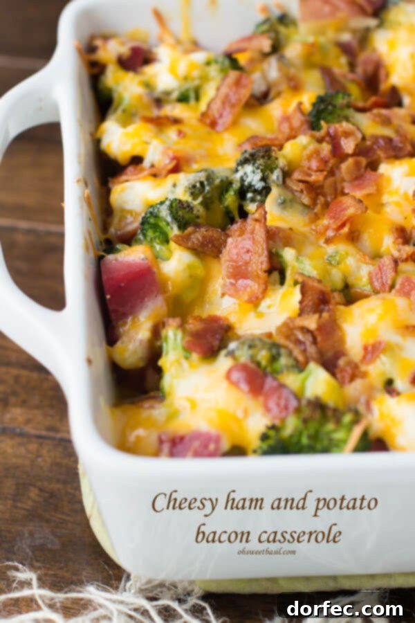 2015's Top Recipes 18 Cheesy Ham and Potato Bacon Casserole to use up all of those holiday leftovers. A comforting and satisfying dish from Oh Sweet Basil.