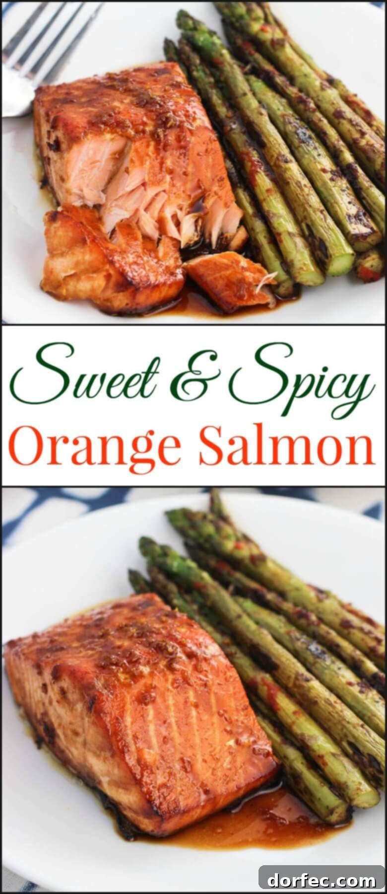 A beautifully plated portion of sweet and spicy orange salmon with a side of green vegetables.