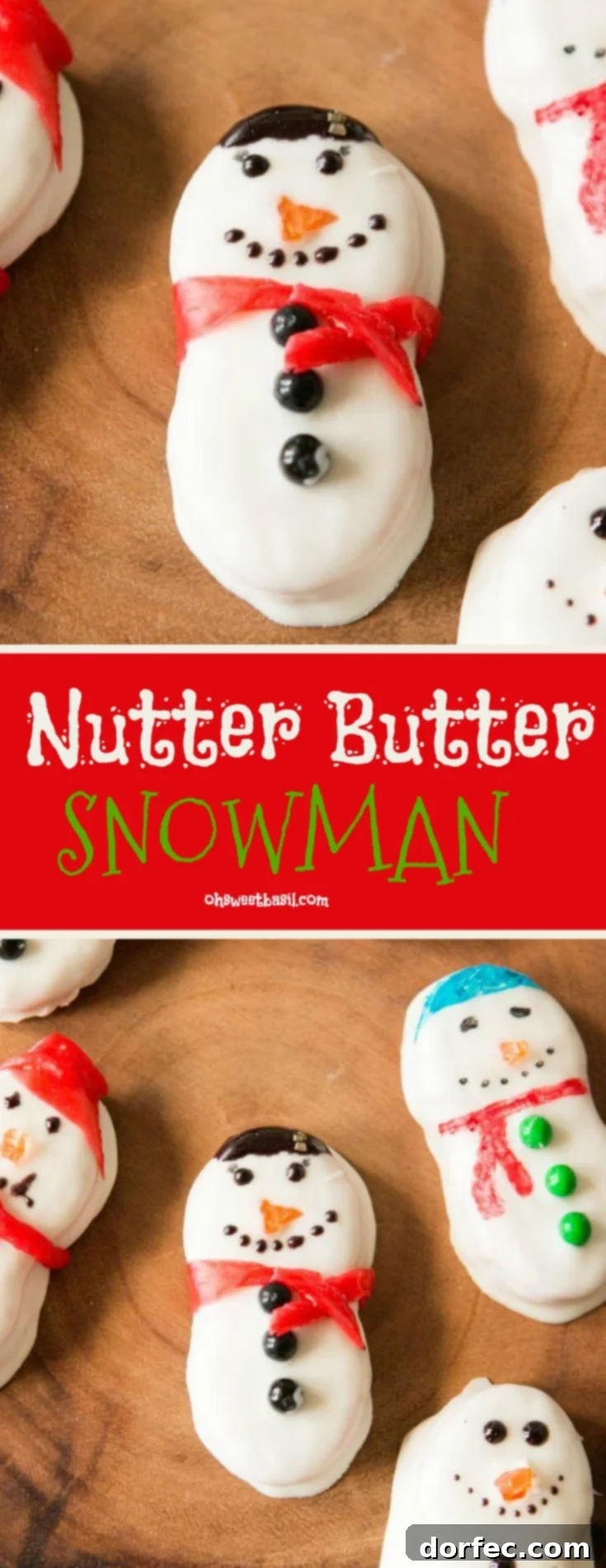 A plate of Nutter Butter Snowmen, adorned with cheerful faces and colorful scarves, ready to be enjoyed at a Christmas party.