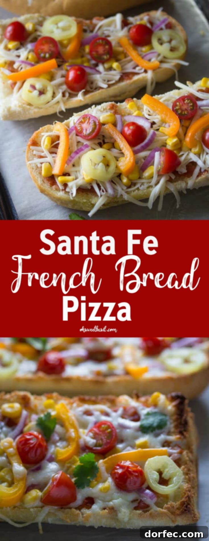 Full shot of Santa Fe French Bread Pizza with cheese, tomatoes, salsa and bell peppers