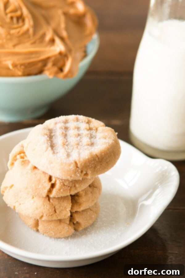 A delightful arrangement of classic peanut butter cookies on a rustic background, showcasing their inviting texture and deliciousness. This is the best classic peanut butter cookie recipe from ohsweetbasil.com